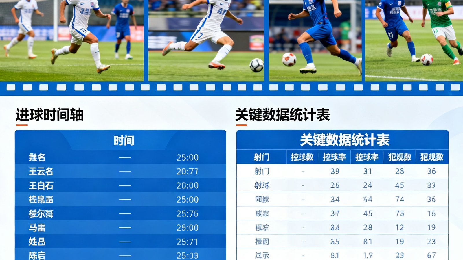 赛后战报图文界面，上半部分为比赛精彩瞬间的图片集锦，下半部分为详细的文字战报包含进球时间轴和关键数据统计表